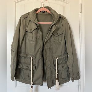 I HEART RONSON Military style utility jacket tie waist hooded olive anorak
